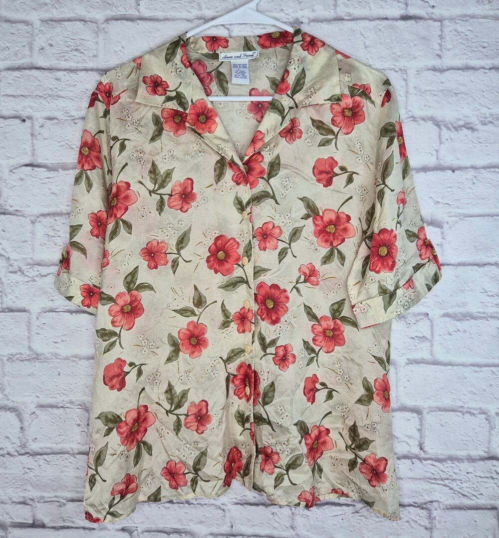Vtg Anna and Frank 100% Silk Blouse Large Cottagecore Floral Button Up Shirt